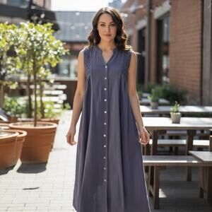 April Cornell Navy Sleeveless 100% Cotton Boho Button Front Midi Dress XXS